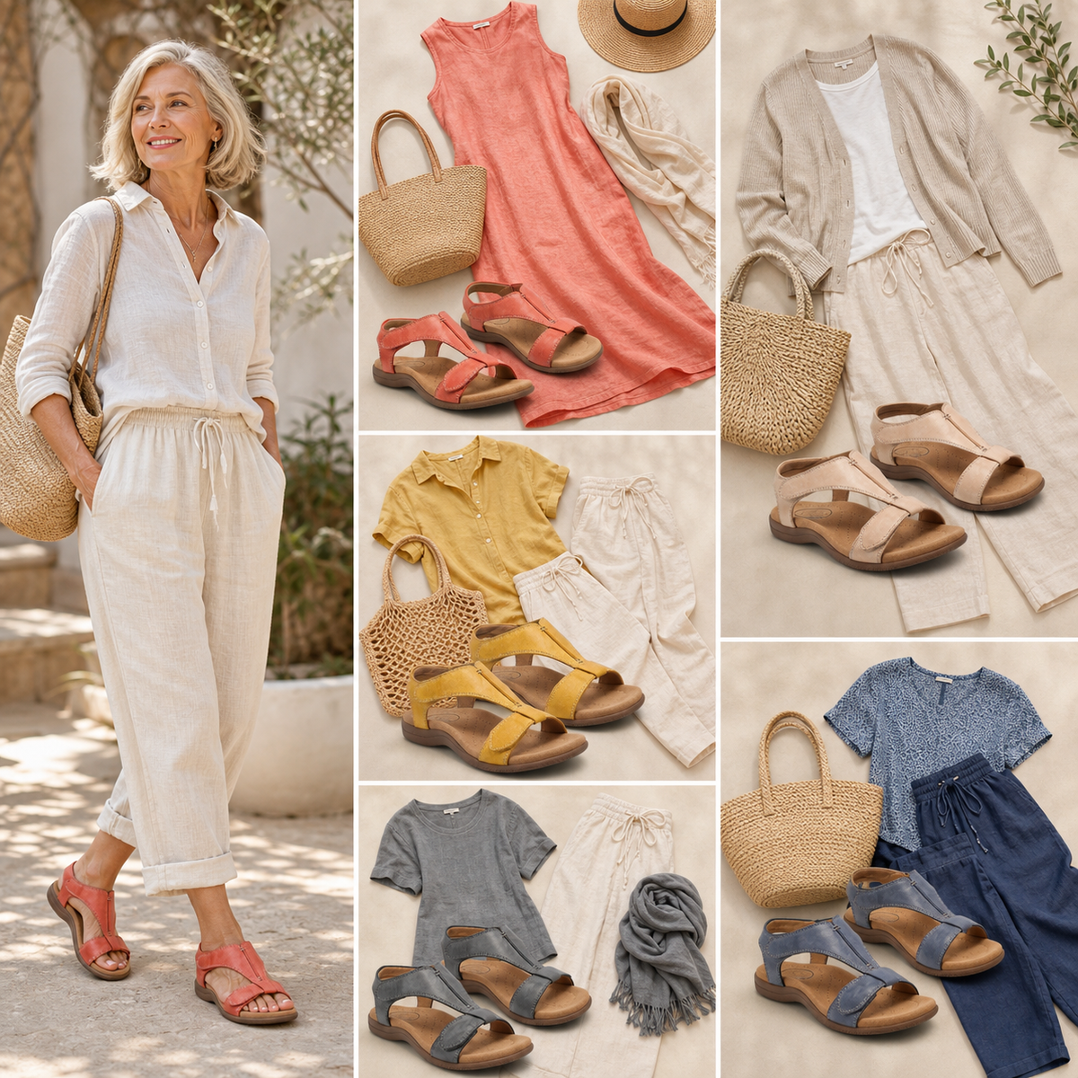 Model wearing comfort sandals with outfit pairing ideas