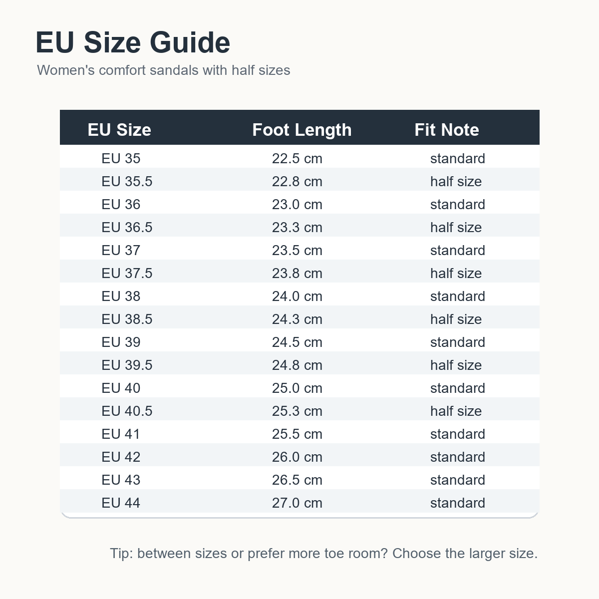 EU size guide with half sizes for women's comfort sandals