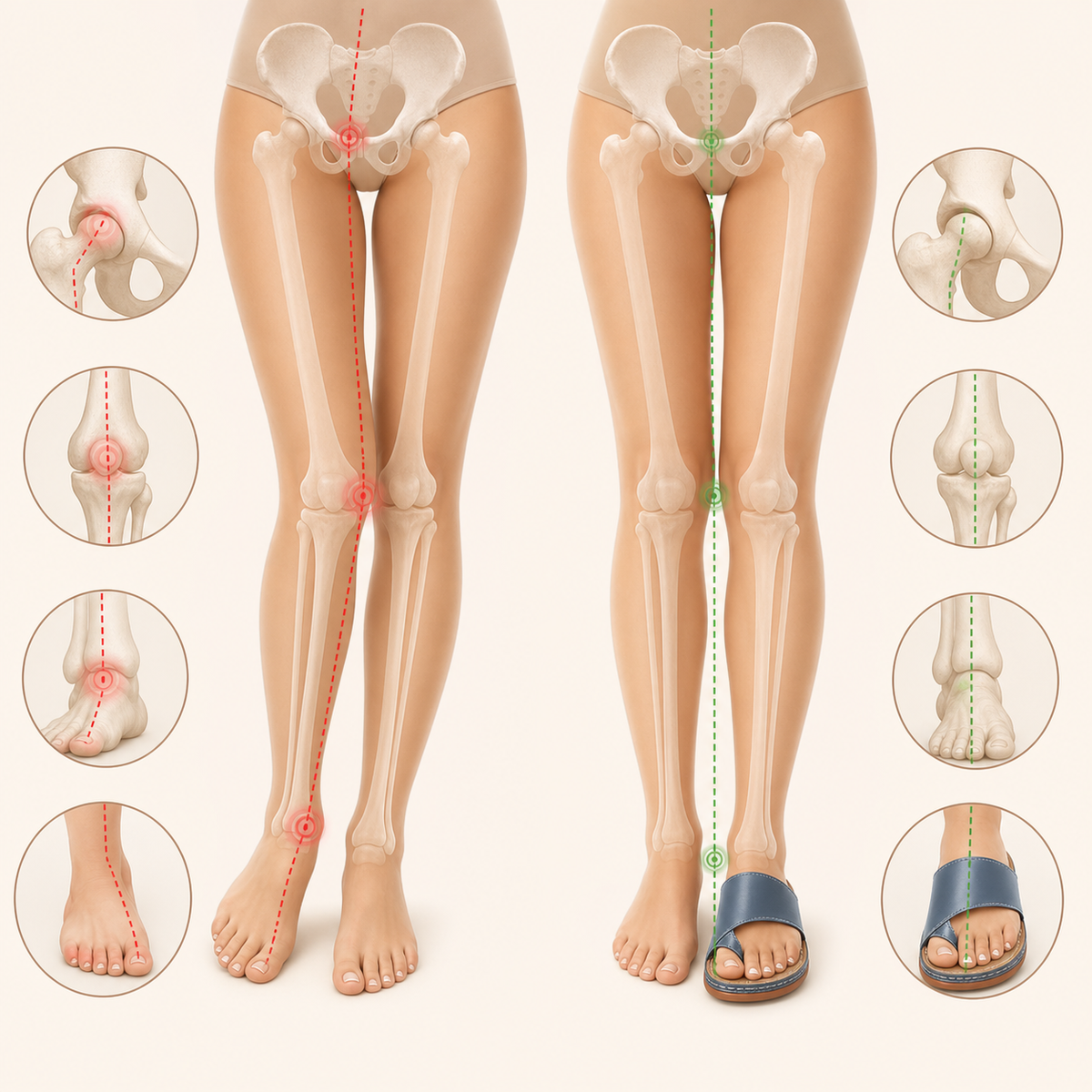 Incorrect foot placement effect on foot ankle knee leg and hip alignment