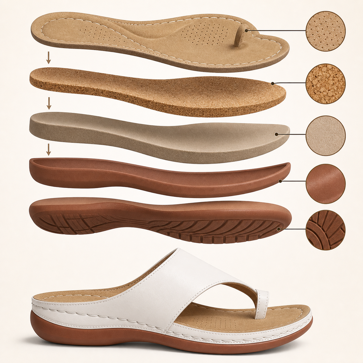 Soft cork-feel footbed and sole layer construction diagram