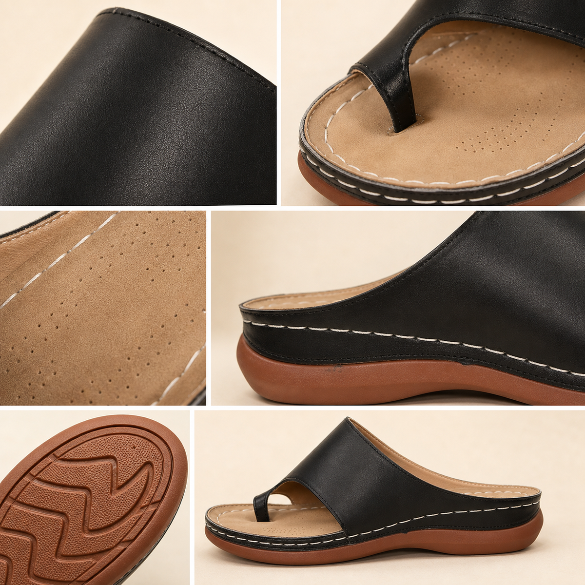 Material details of upper strap toe post stitching footbed and outsole