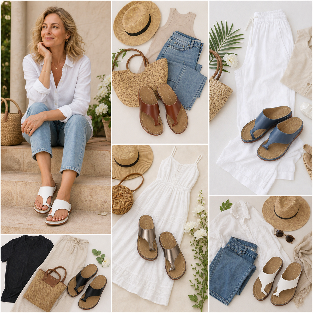 Model wearing toe-post comfort sandals with outfit pairing ideas