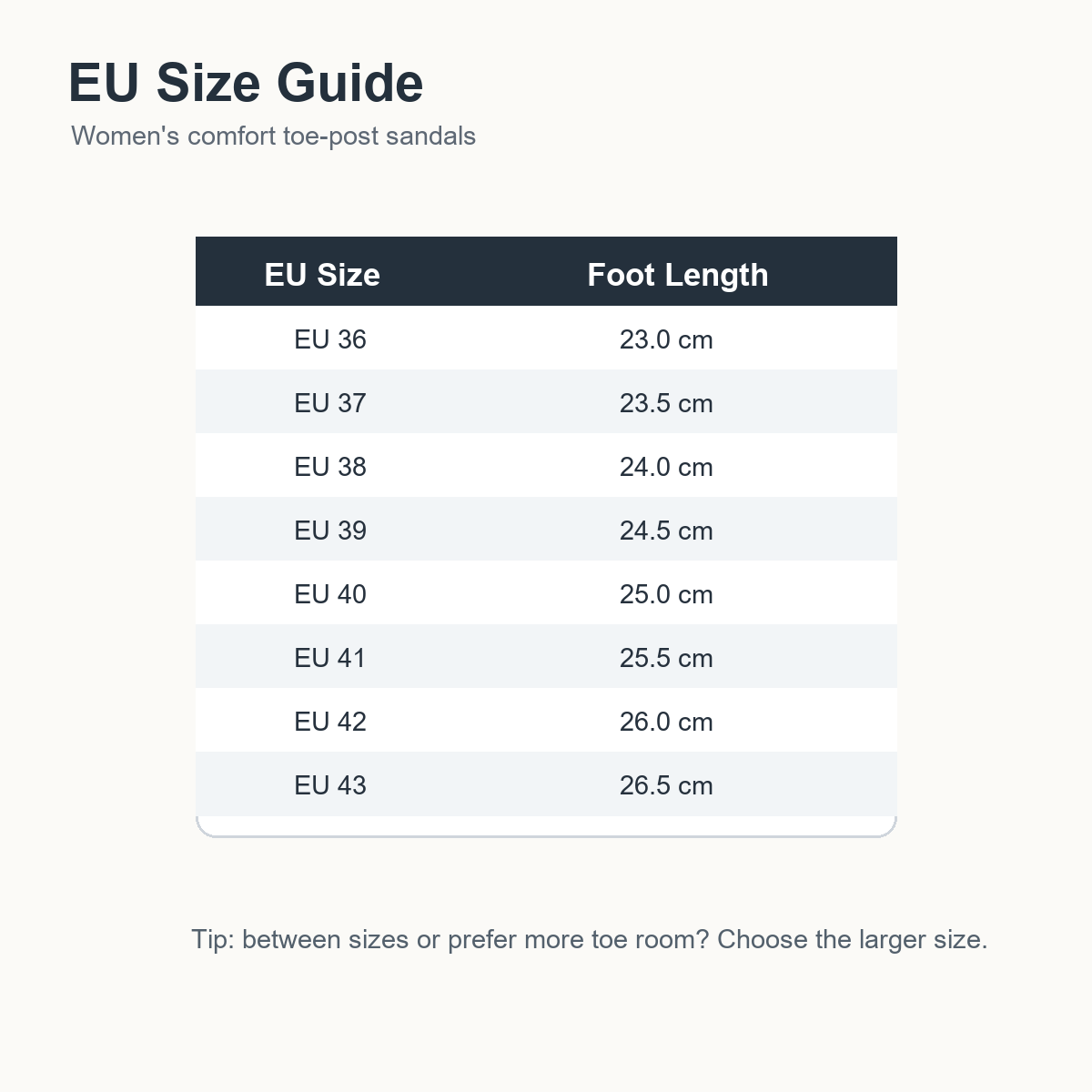 EU size guide for women's comfort toe-post sandals