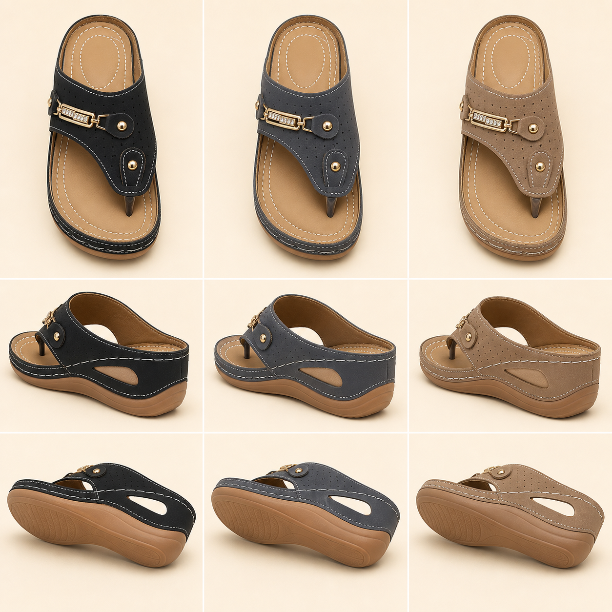 Wedge toe-post sandals shown from several angles