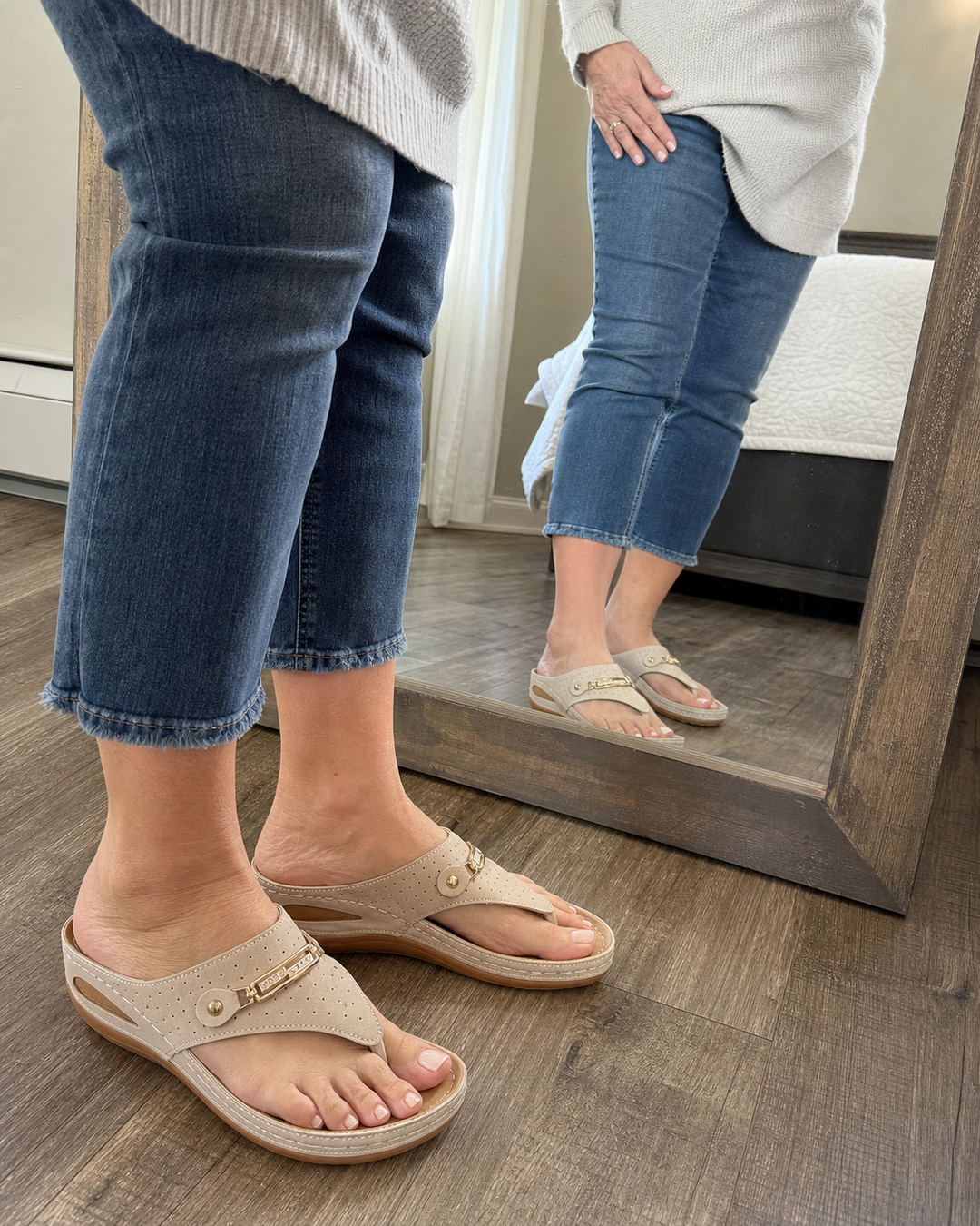 Light Beige wedge toe-post sandals worn in a home try-on customer style photo