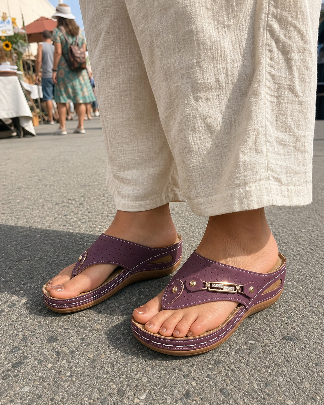 Plum wedge toe-post sandals worn in a summer fair customer style photo
