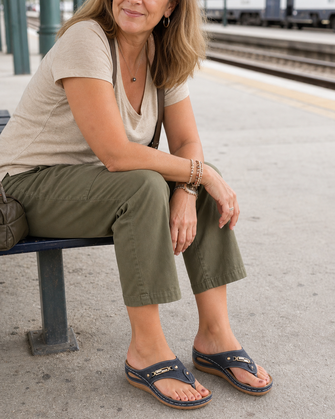 Charcoal Grey wedge toe-post sandals worn in a train platform customer style photo