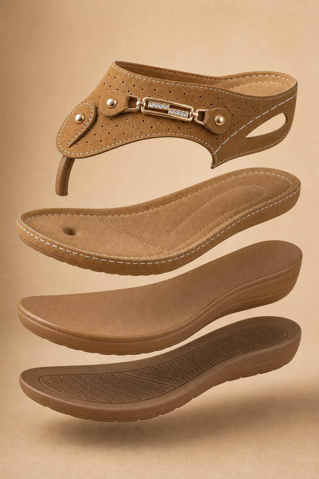 Exploded layer construction visual for camel wedge toe-post sandal