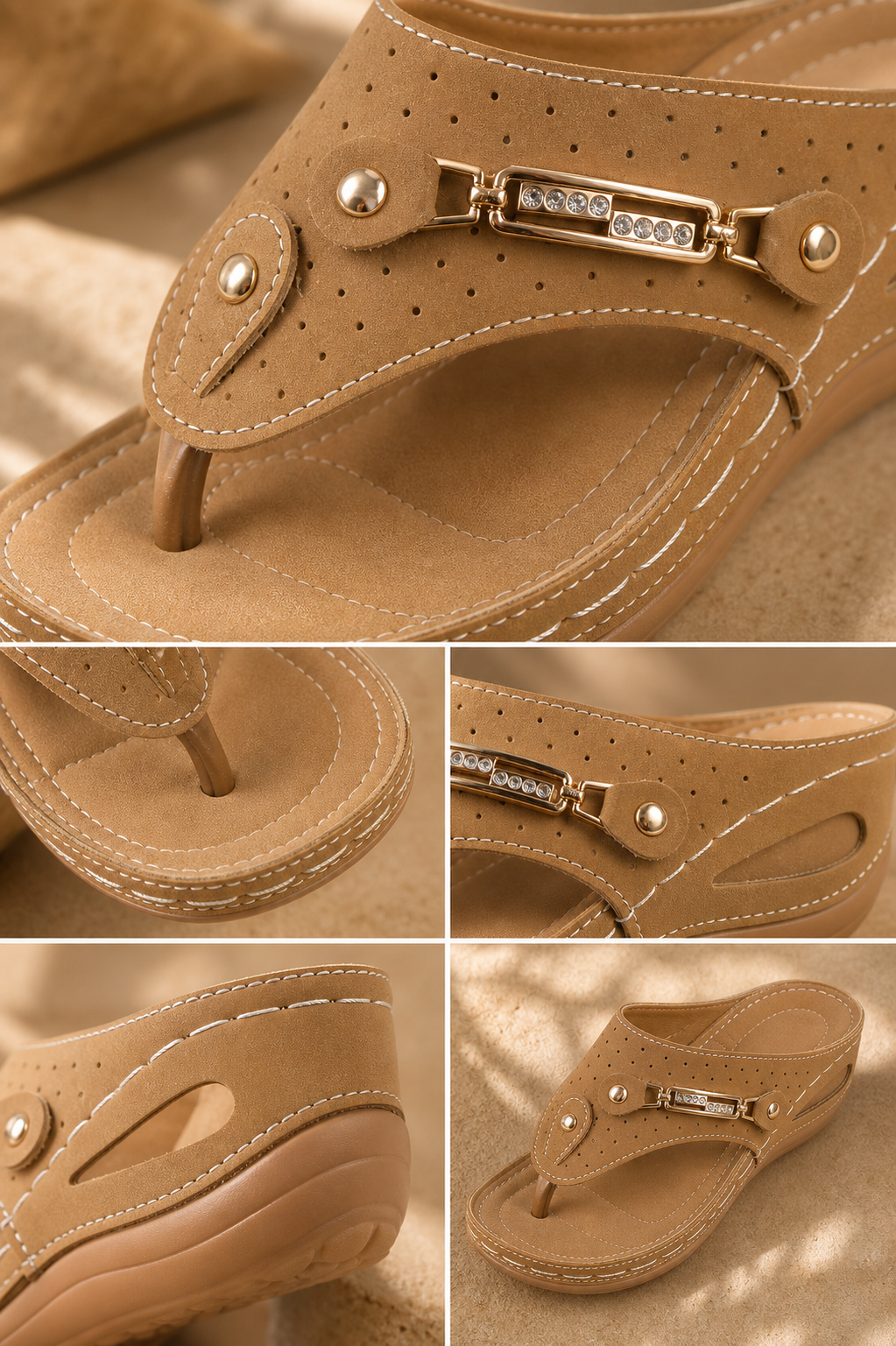 Close-up material details of perforated strap buckle stitching and wedge outsole