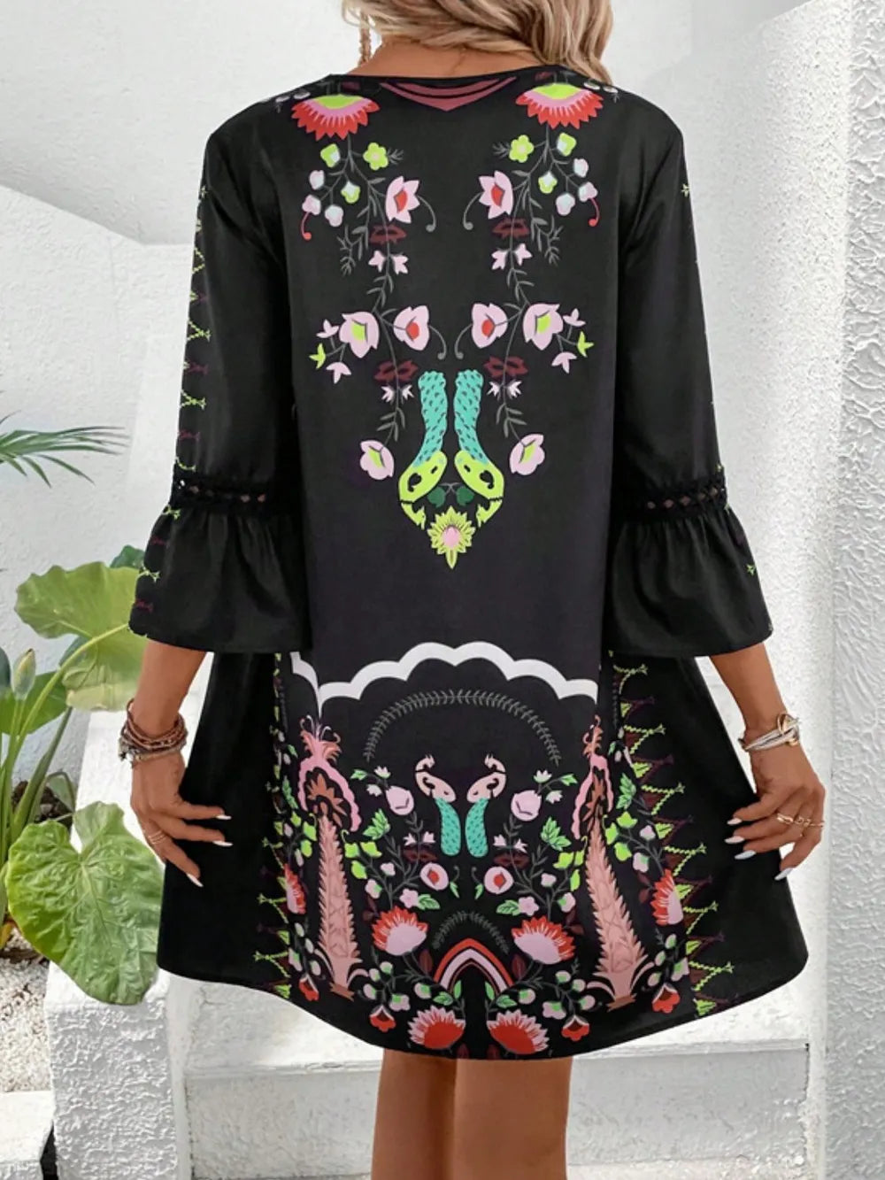Hazel Blues® |  Lace Detail Printed Three-Quarter Sleeve Dress