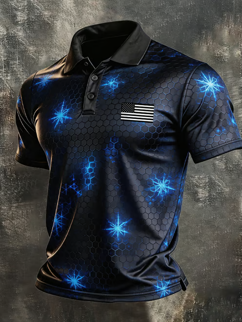 Men's Retro Color-Blocked Flag Printed Polo Shirt