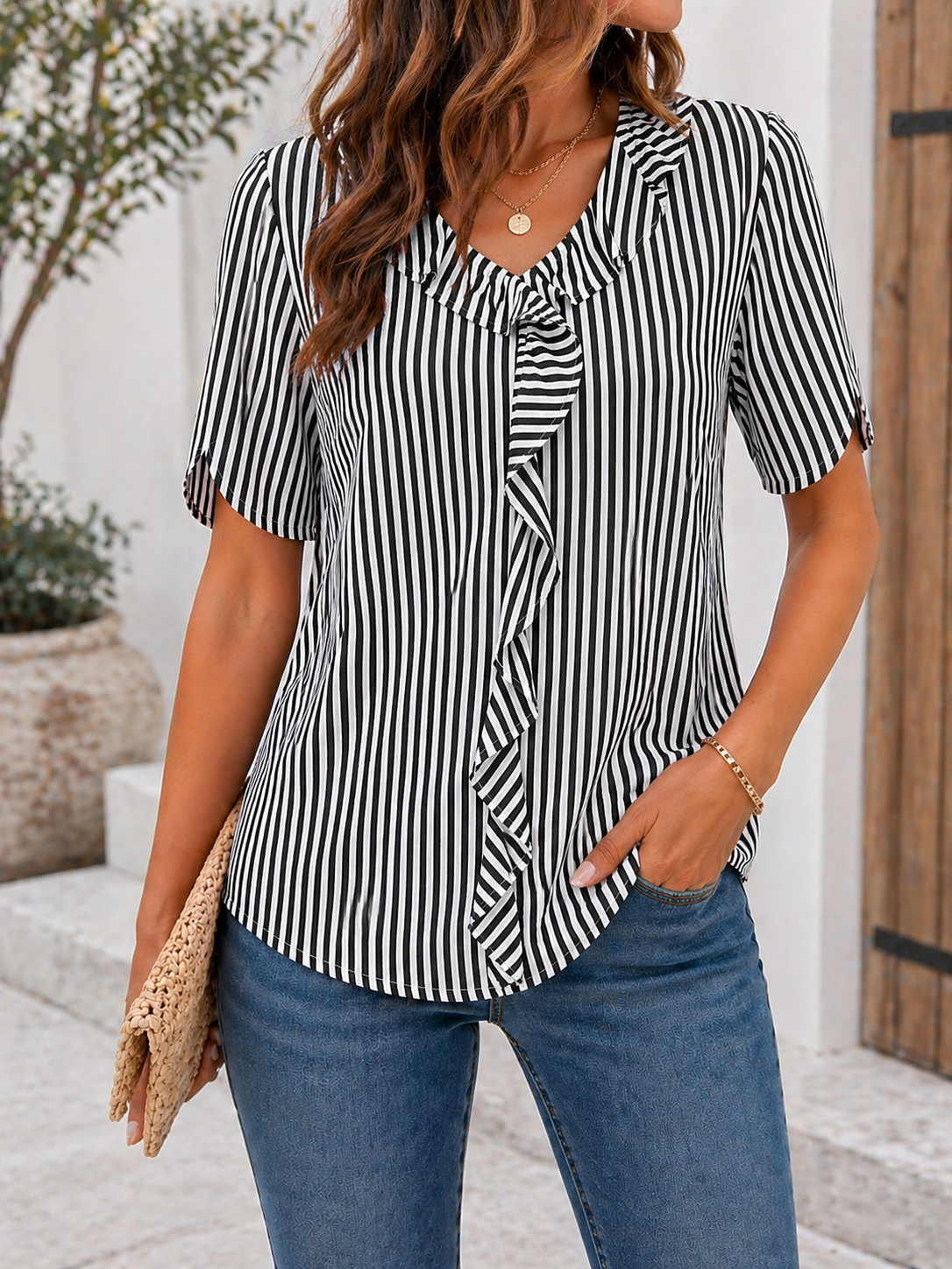 Women’s V-Neck Striped Ruffle Blouse – Casual Chic Summer Top