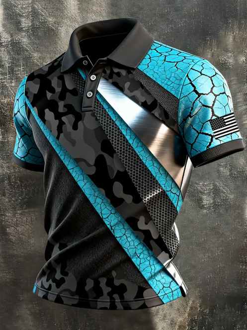 Men's Retro Color-Blocked Flag Printed Polo Shirt