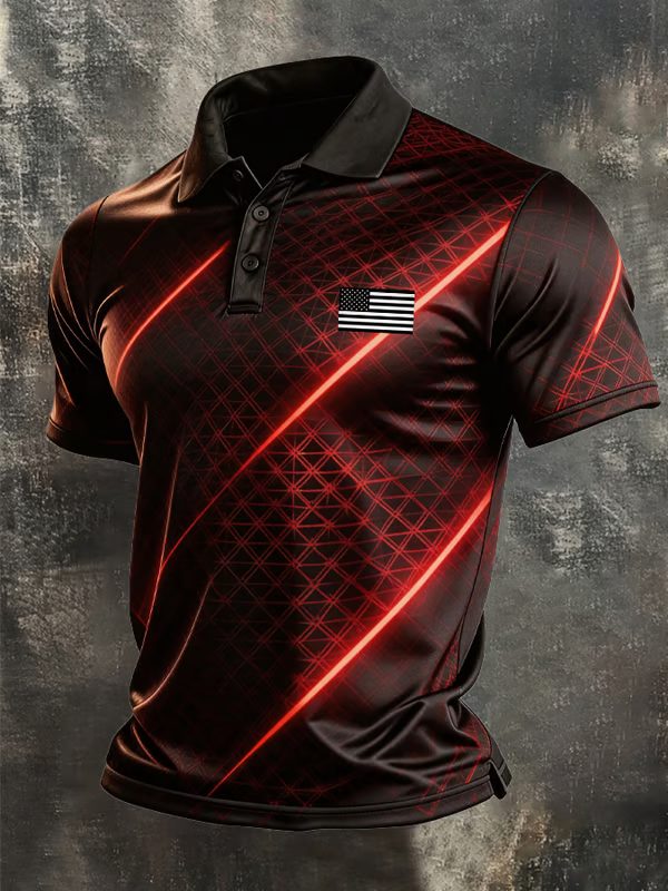 Men's Retro Color-Blocked Flag Printed Polo Shirt