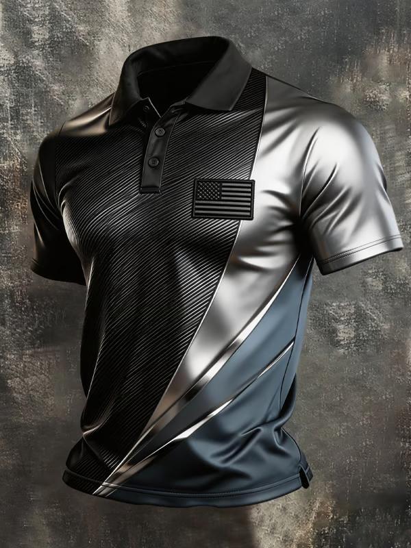 Men's Retro Color-Blocked Flag Printed Polo Shirt