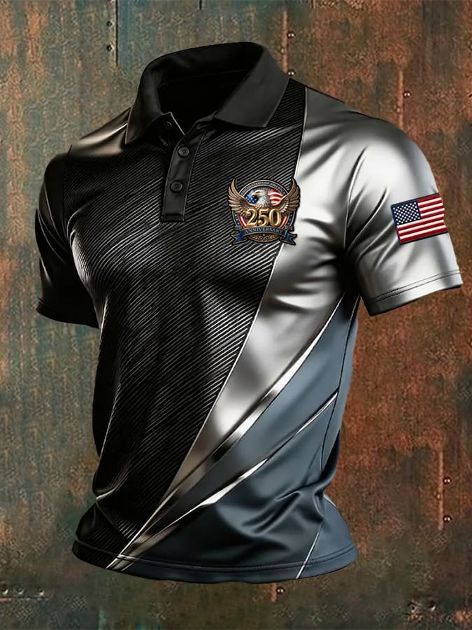 Men's Retro Color-Blocked Flag Printed Polo Shirt