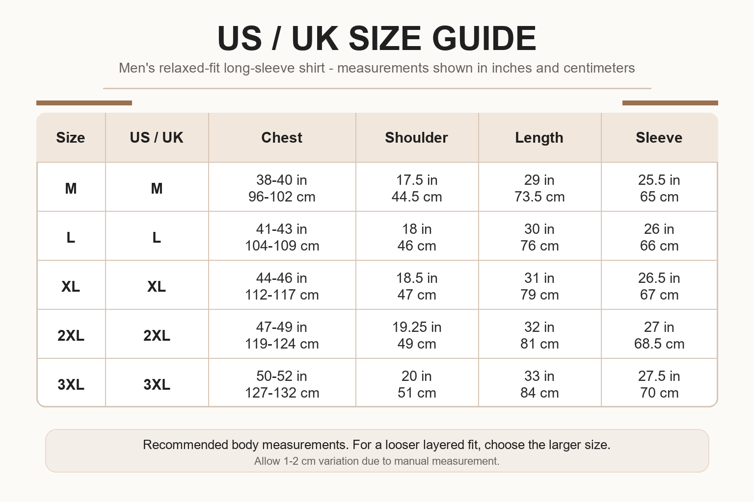 Size guide for men's casual long-sleeve shirt M to 3XL