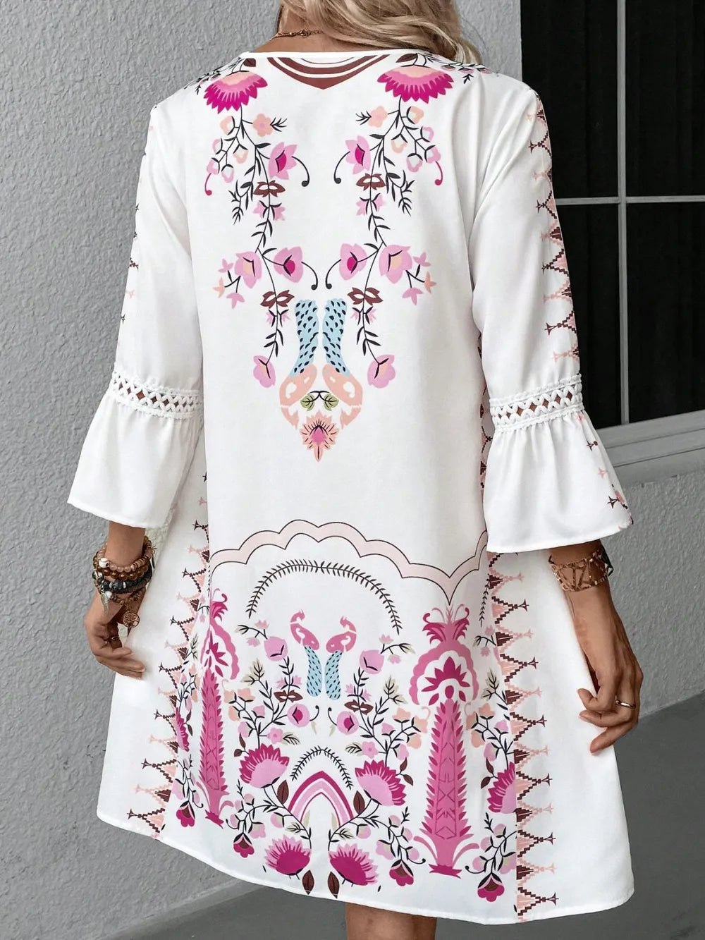 Hazel Blues® |  Lace Detail Printed Three-Quarter Sleeve Dress