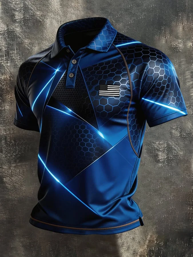 Men's Retro Color-Blocked Flag Printed Polo Shirt