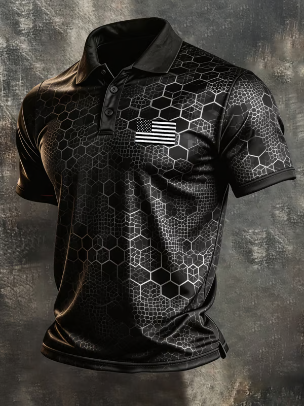 Men's Retro Color-Blocked Flag Printed Polo Shirt