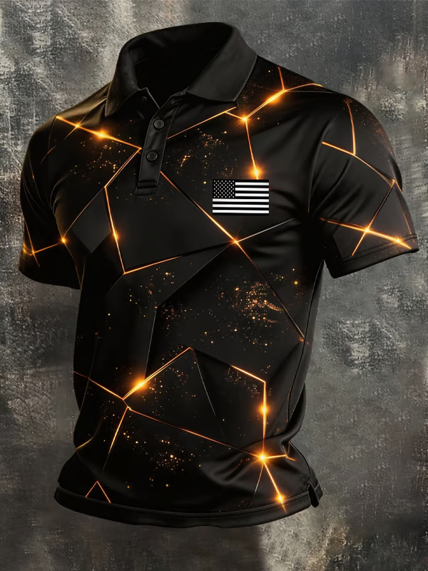 Men's Retro Color-Blocked Flag Printed Polo Shirt