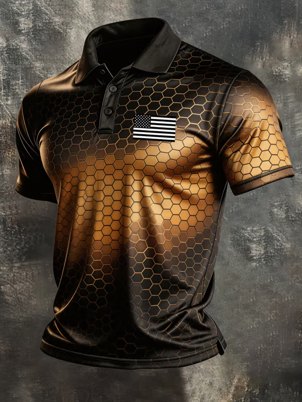 Men's Retro Color-Blocked Flag Printed Polo Shirt