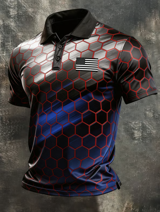 Men's Retro Color-Blocked Flag Printed Polo Shirt