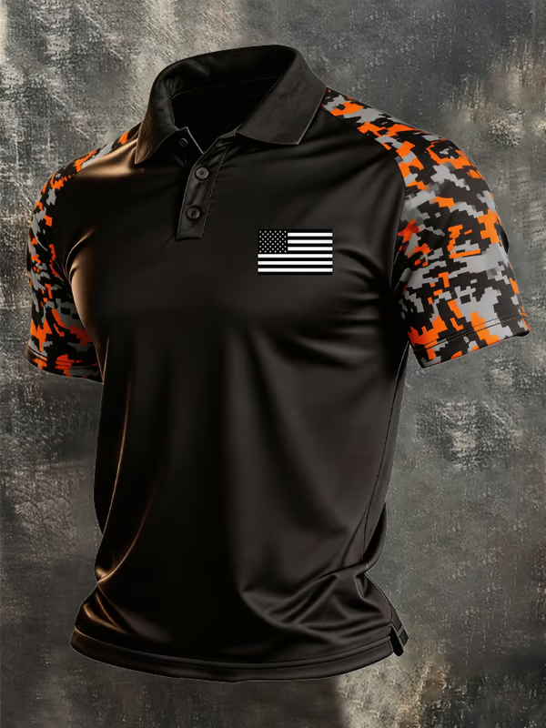 Men's Retro Color-Blocked Flag Printed Polo Shirt