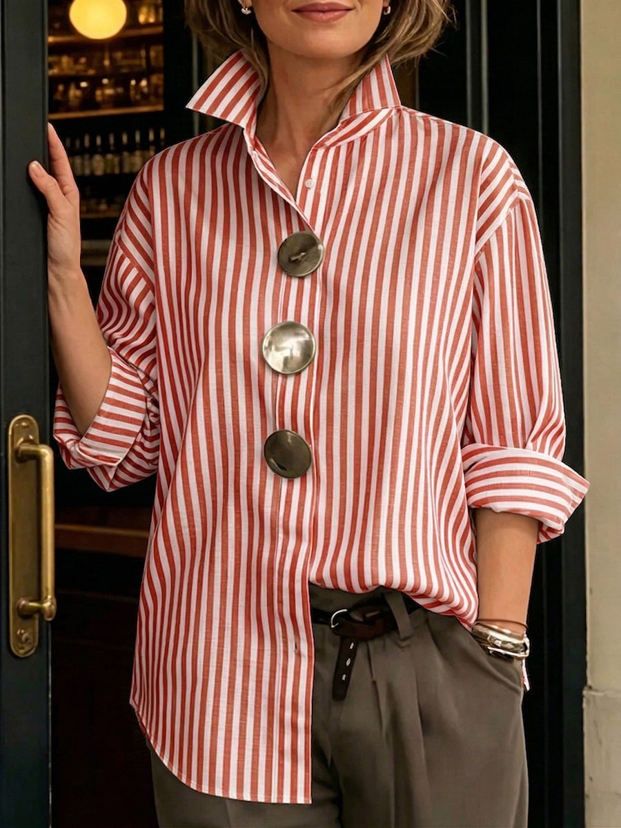 Stylish Stand-collar Metal Buttons Striped Cotton Shirt