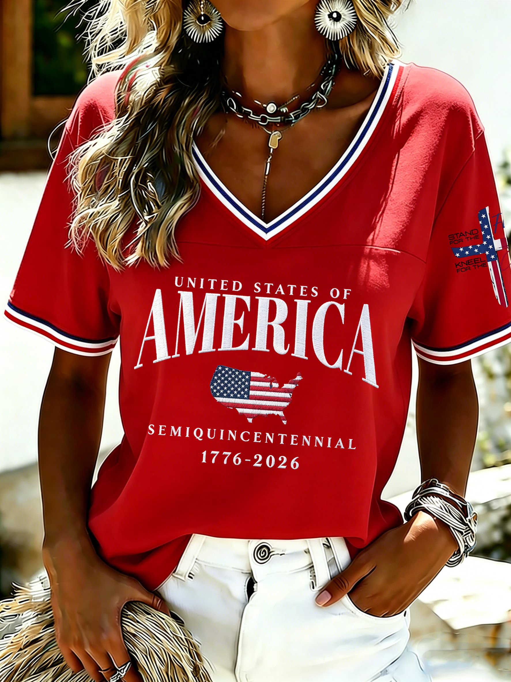 Women's U.S. 250th Anniversary Commemorative Printed V-Neck Top