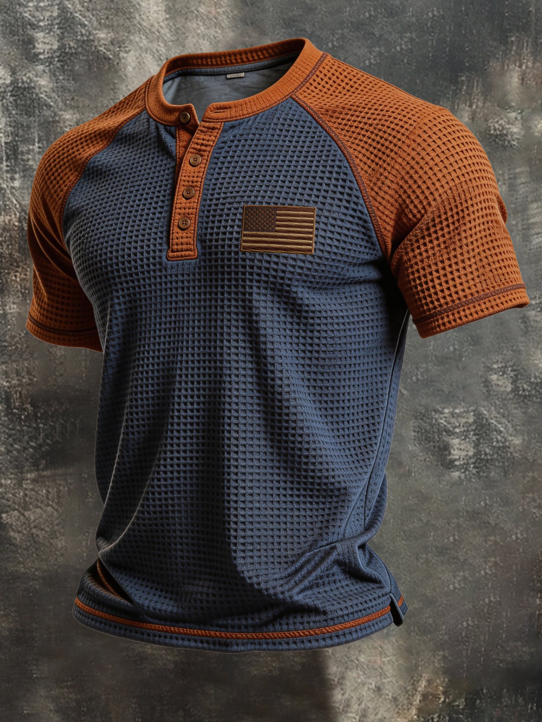 Men's Retro Patriotic Waffle-Knit Color-Block Short-Sleeve Henley T-Shirt