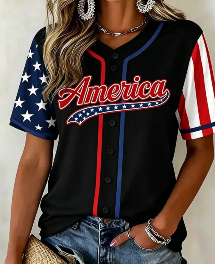 Women'S  American Baseball Print V-Neck Button-Up Shirt