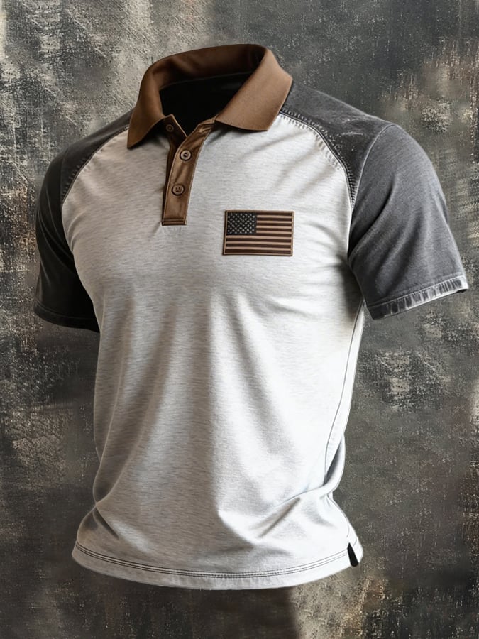 Men's Retro Patriot Color Block Polo Collar Short Sleeve