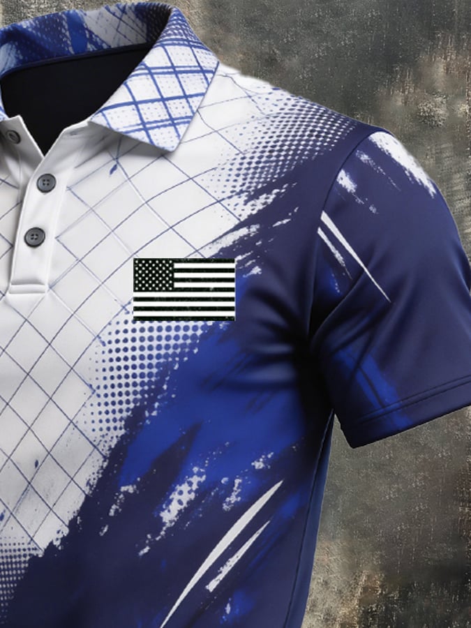 Men's Retro Patriotic Color-Block Short-Sleeve Polo Shirt