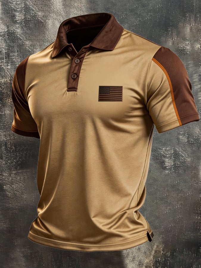 Men's Retro Patriotic Color-Block Short-Sleeve Polo Shirt