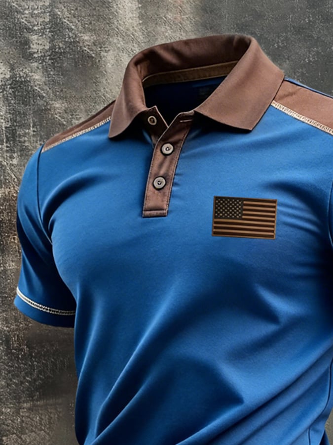 Men's Retro Patriotic Color-Block Short-Sleeve Polo Shirt