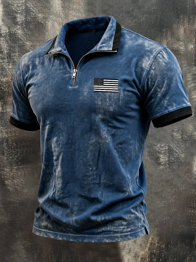 Men's Retro-Print, Color-Block "Patriot" Casual Short-Sleeve Polo Shirt