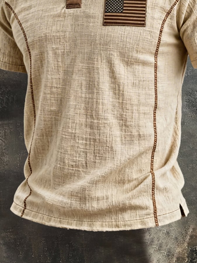 Men'S Retro Color-Block "Patriot" Polo-Collar Casual Cotton-Linen T-Shirt