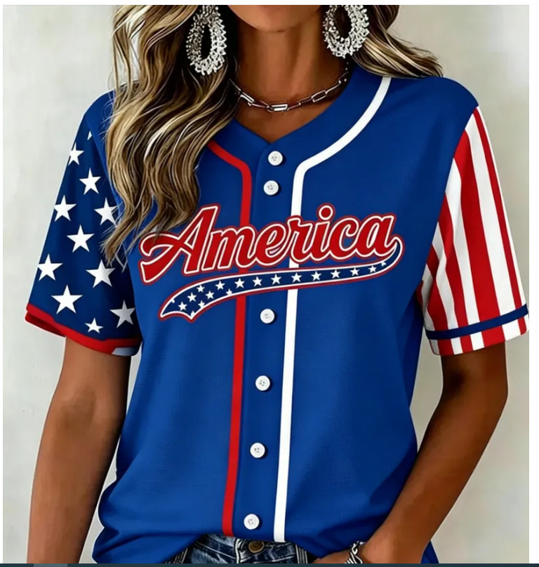 Women'S  American Baseball Print V-Neck Button-Up Shirt
