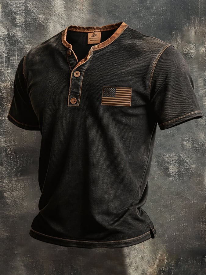 Men's Retro Color Block Knit Ribbed Patriot Henry T-Shirt