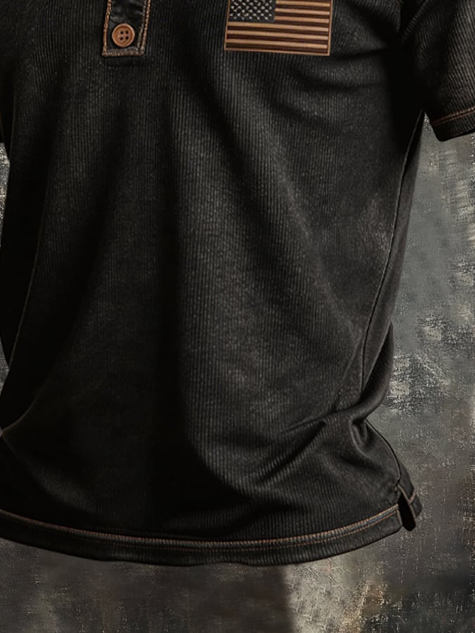 Men's Retro Color Block Knit Ribbed Patriot Henry T-Shirt