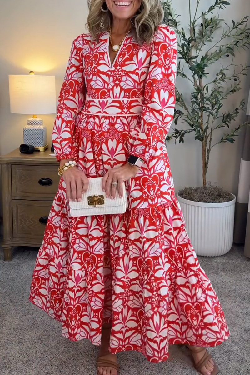 NEW🔥 Spring Long Sleeve V Neck Printed Party Dress