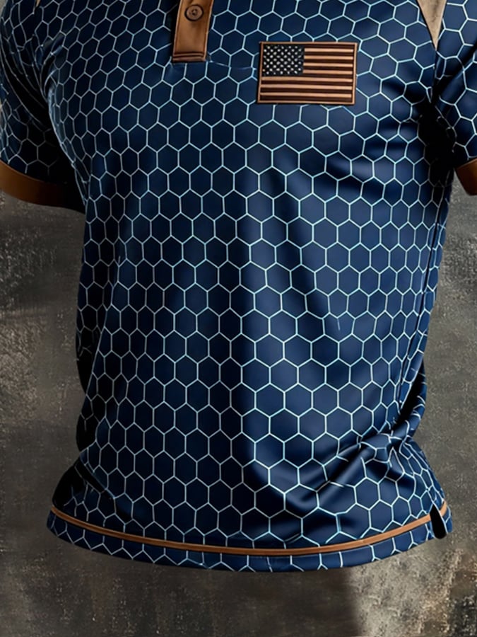 Men's Retro Patriotic Color-Block Short-Sleeve Polo Shirt