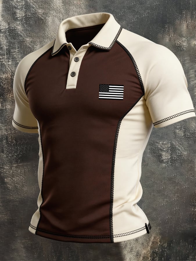 Men's Retro Patriotic Color-Block Short-Sleeve Polo Shirt