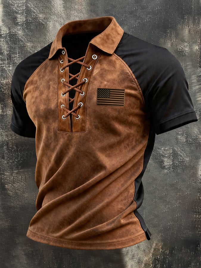 Men's Retro Patriotic Color-Block Printed Short-Sleeve Polo Shirt