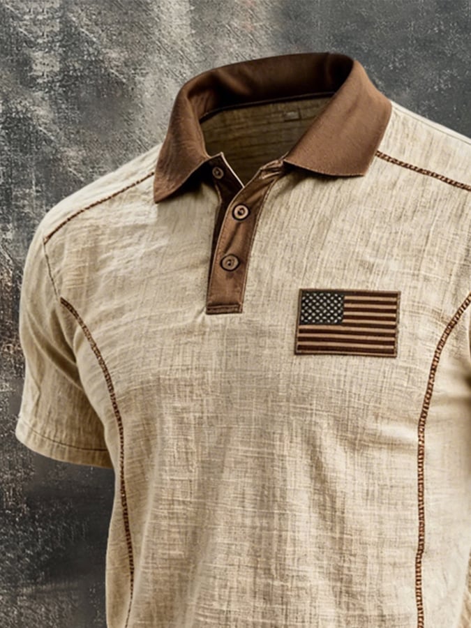Men'S Retro Color-Block "Patriot" Polo-Collar Casual Cotton-Linen T-Shirt