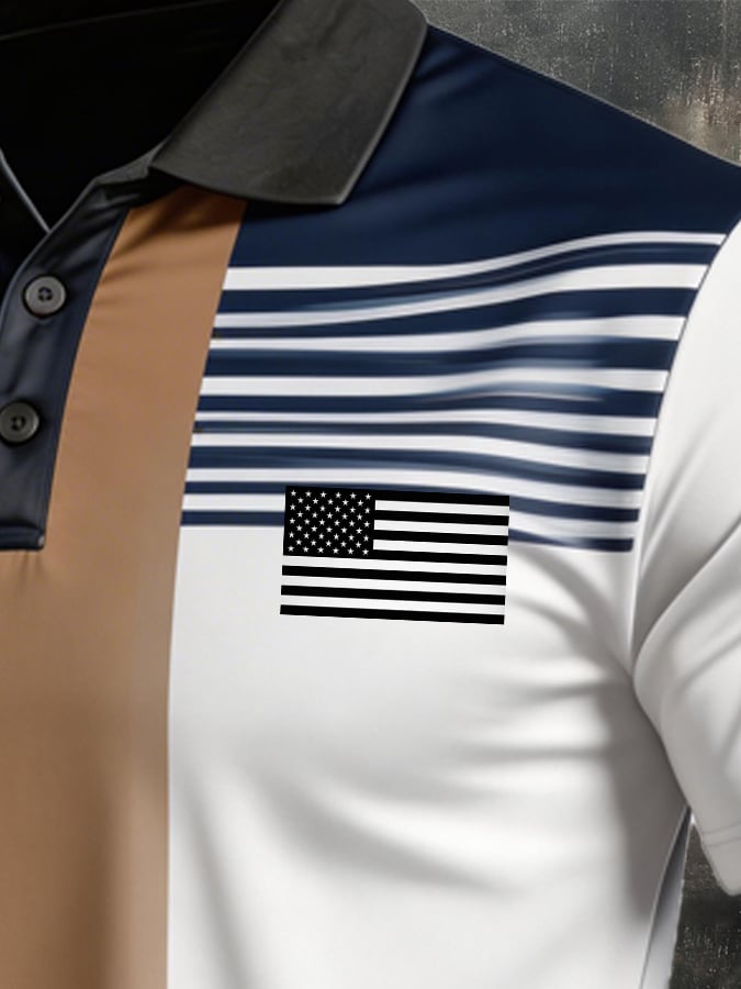 Men's Retro Patriotic Color-Block Short-Sleeve Polo Shirt
