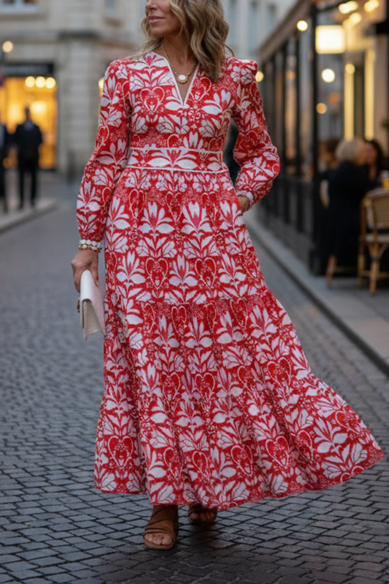 NEW🔥 Spring Long Sleeve V Neck Printed Party Dress