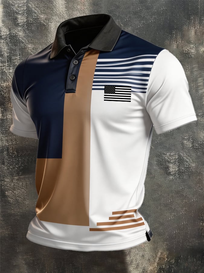 Men's Retro Patriotic Color-Block Short-Sleeve Polo Shirt