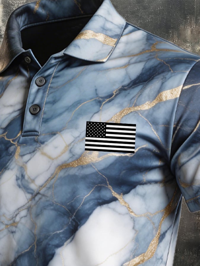 Men's Retro Patriotic Color-Block Short-Sleeve Polo Shirt